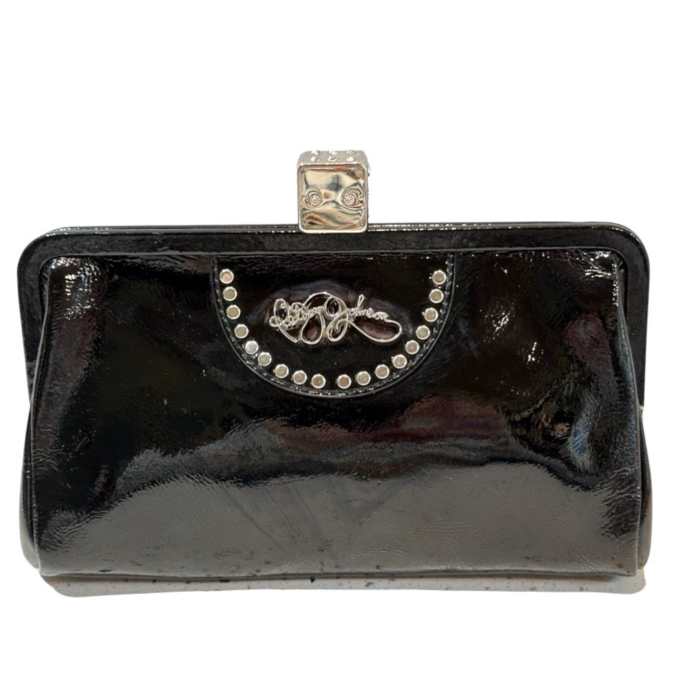 Vintage Betsey Johnson‎ Black Patent Leather Crystal DICE Clasp Clutch Purse